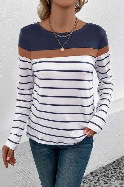 Striped Round Neck Long Sleeve T-Shirt Women's T-Shirts - Tophatter Daily Deals